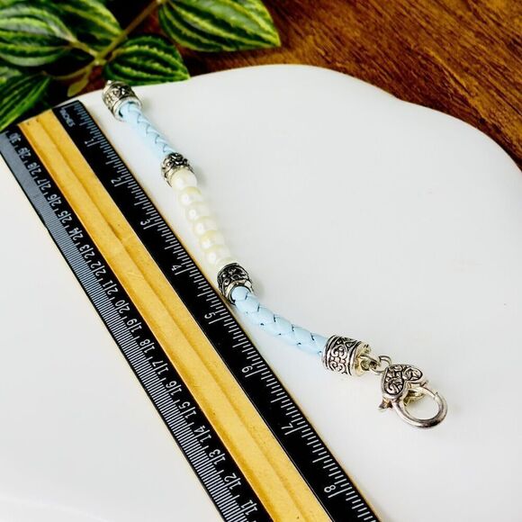 Vintage Faux Pearl & Baby Blue Leather Braided Bracelet Heart Lobster Clasp 4131 - Picture 9 of 10